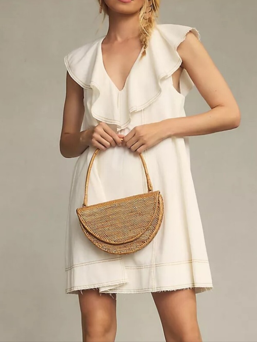 Anthropologie Cream Ruffle-Trim V-Neck Mini Dress